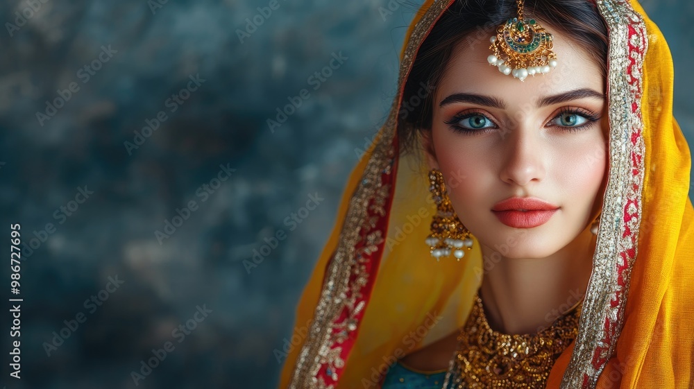 Ethnically South Asian female with yellow veil, ornate jewelry, and traditional attire Ethnically South Asian female with yellow veil, ornate jewelry, and traditional attire