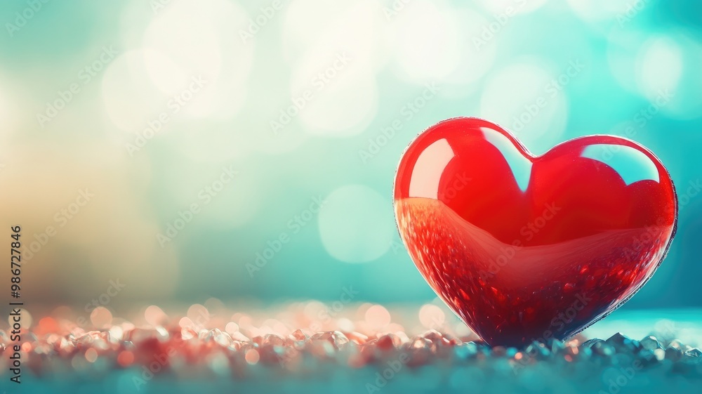 Shiny red heart-shaped object on blurred teal background Shiny red heart-shaped object on blurred teal background