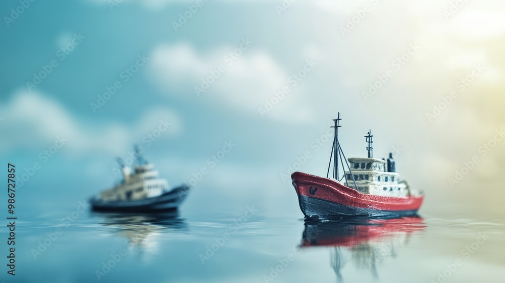 Miniature ships on calm water with blurry background Miniature ships on calm water with blurry background