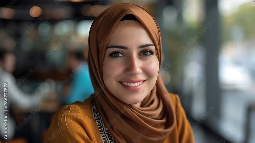 A smiling woman wearing a hijab in a caf? setting, exuding warmth and friendliness. A smiling woman wearing a hijab in a caf? setting, exuding warmth and friendliness.
