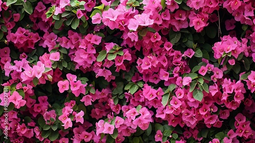 A vibrant display of pink bougainvillea flowers surrounded by lush green leaves.
