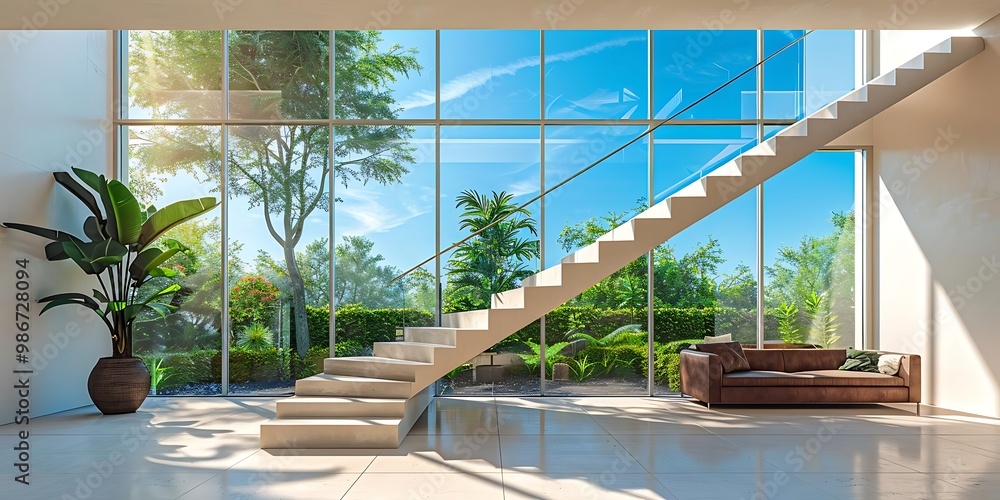 Fototapeta premium A modern interior with a staircase, large windows, plants, and a cozy couch.