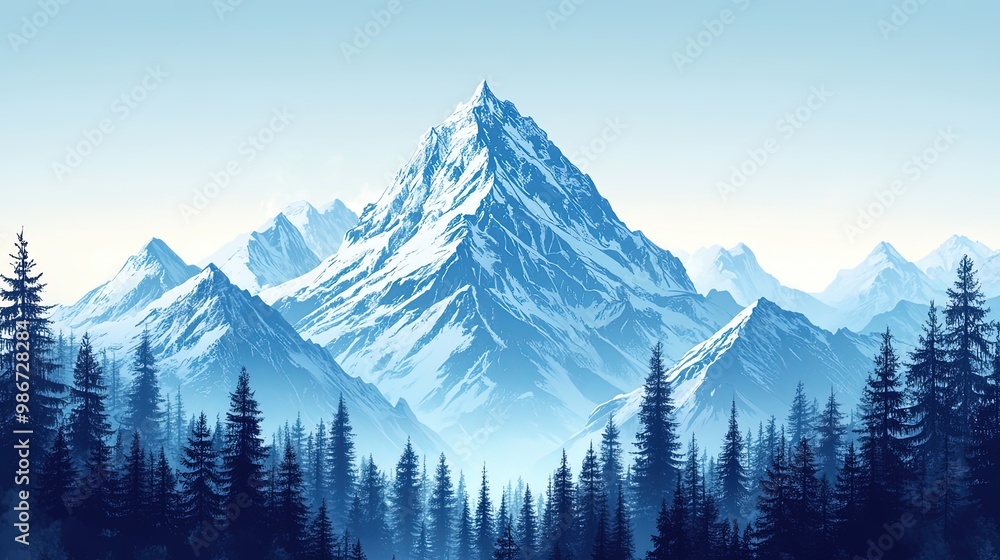 Snow-capped mountain peaks with pine forest, landscape illustration Snow-capped mountain peaks with pine forest, landscape illustration