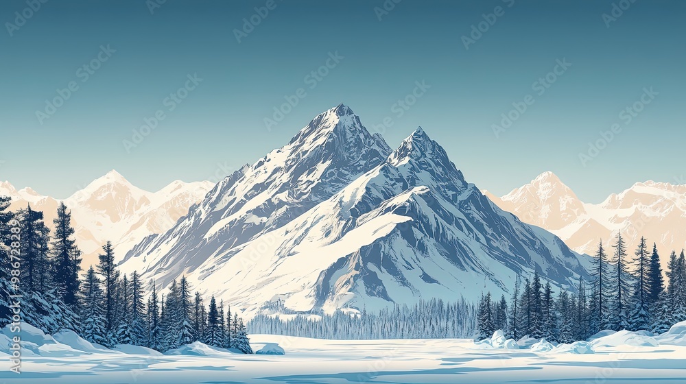 Snow-capped mountain peaks with pine forest, landscape illustration Snow-capped mountain peaks with pine forest, landscape illustration