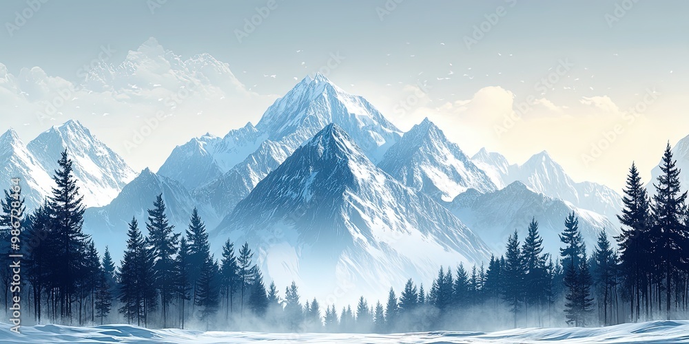 Fototapeta premium Snow-capped mountain peaks with pine forest, landscape illustration