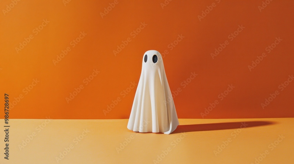Simple and playful Halloween decoration with a white ghost figure on an orange background, creating a cheerful theme. Halloween, spooky, haunted concept. Simple and playful Halloween decoration with a white ghost figure on an orange background, creating a cheerful theme. Halloween, spooky, haunted concept.