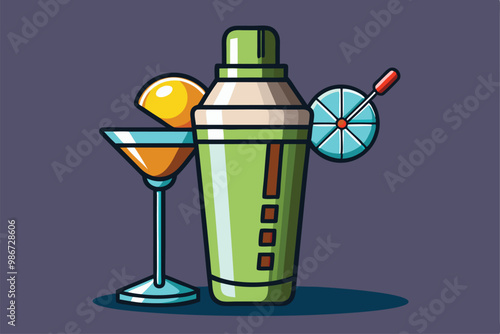 A vibrant illustration of a customizable cocktail shaker beside a martini glass garnished with a lemon wedge, Customizable cocktail shaker illustration.