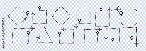 Plane timeine trail dashed line with pin. Path travel line shape. Flight route with start point and dash line trace for plane isolated vector illustration