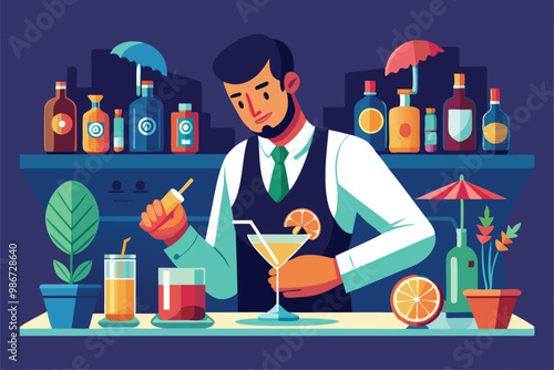 A bartender creatively prepares cocktails while surrounded by various bottles and garnishes at a bar, Customizable cocktail bartender illustration.