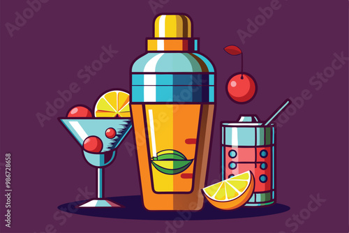 A stylish cocktail shaker stands next to a glass of mixed beverage and refreshing garnishes like citrus, Customizable cocktail shaker illustration.