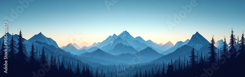 Snow-capped mountain peaks with pine forest, landscape illustration