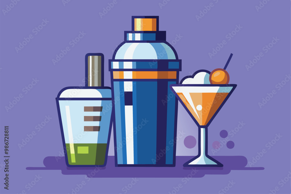 A sleek cocktail shaker stands alongside a polished glass filled with a colorful drink, ready for mixing, Customizable cocktail shaker with semi-flat illustration. A sleek cocktail shaker stands alongside a polished glass filled with a colorful drink, ready for mixing, Customizable cocktail shaker with semi-flat illustration.