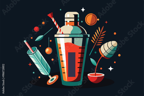 A cocktail shaker features colorful garnishes, creating an inviting atmosphere for mixology enthusiasts, Customizable cocktail shaker with disproportionate illustration.