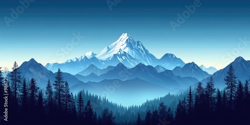 Snow-capped mountain peaks with pine forest, landscape illustration