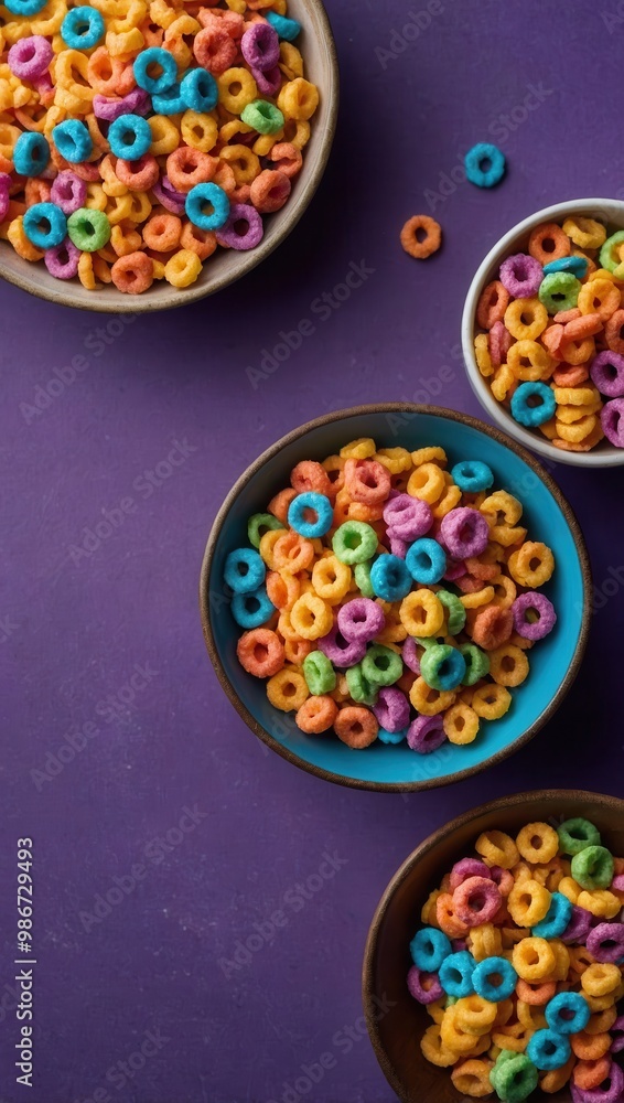Fototapeta premium Three bowls filled with colorful cereal in a close-up view on a neutral background