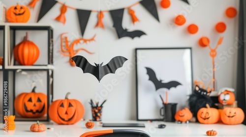 Small home office creatively decorated with Halloween theme including pumpkins, bats, and orange accents. Halloween, spooky, haunted concept. photo