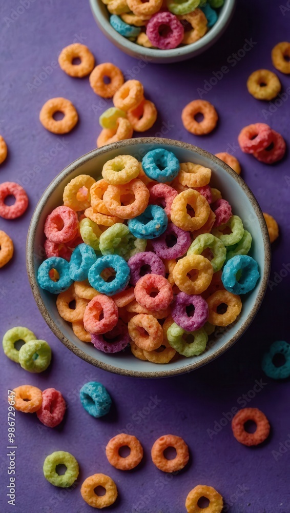 Close-up of two bowls filled with colorful cereal, one larger and one smaller Close-up of two bowls filled with colorful cereal, one larger and one smaller
