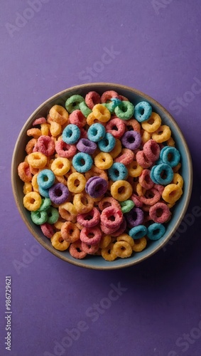 Colorful round cereal in a bowl on a surface transitioning from grey to purple shades