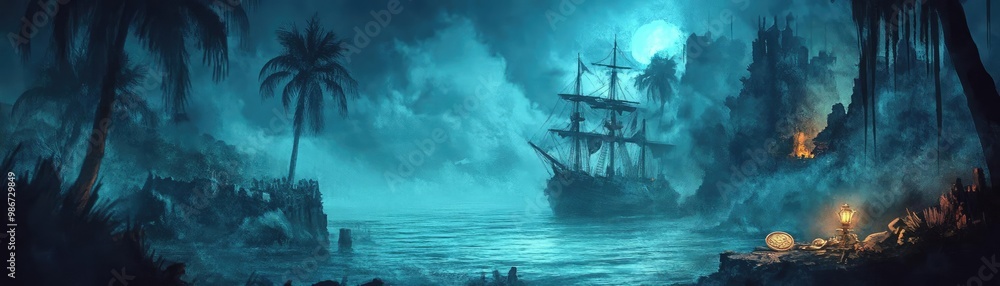 A mysterious nighttime seascape featuring a ship, palm trees, and enchanting moonlight illuminating the serene waters. A mysterious nighttime seascape featuring a ship, palm trees, and enchanting moonlight illuminating the serene waters.