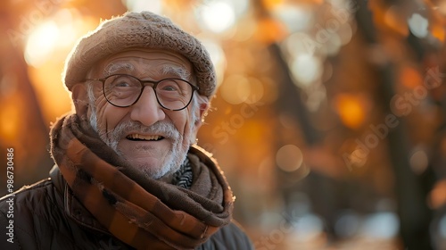 An elderly man smiling warmly in a vibrant autumn setting. photo