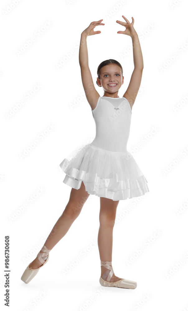 Little ballerina practicing dance moves on white background Little ballerina practicing dance moves on white background
