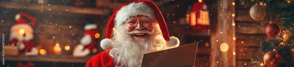 Joyful Santa reading a list in a cozy holiday setting, surrounded by decorations and winter cheer, capturing the spirit of Christmas. Joyful Santa reading a list in a cozy holiday setting, surrounded by decorations and winter cheer, capturing the spirit of Christmas.