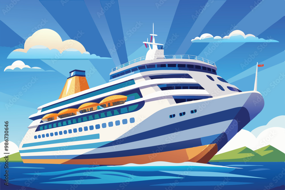 A colorful cruise ship sails smoothly across sparkling waters, surrounded by sunny skies and distant hills, Customizable cruise illustration A colorful cruise ship sails smoothly across sparkling waters, surrounded by sunny skies and distant hills, Customizable cruise illustration