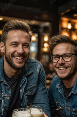 Two men enjoying drinks at a table, mid-conversation