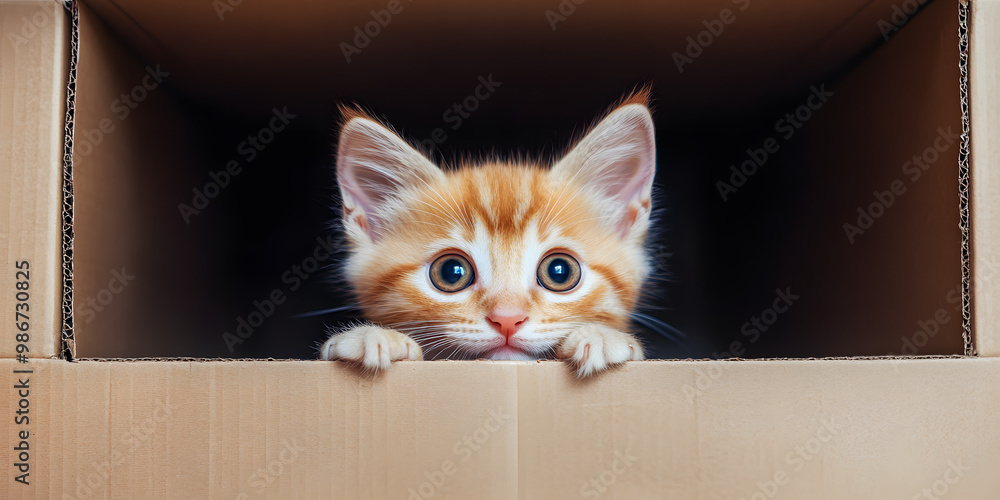 Curious orange kitten peeking from cardboard box Curious orange kitten peeking from cardboard box