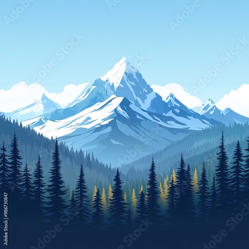 Snow-capped mountain peaks with pine forest, landscape illustration