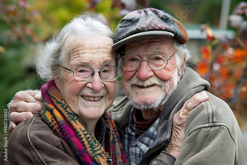 A joyful elderly couple embracing outdoors, radiating warmth and happiness.