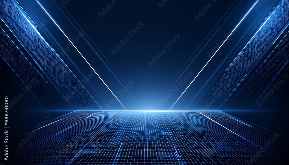 Fototapeta premium Abstract dark blue background with glowing lines and a bright light in the center.
