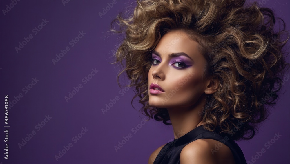 Woman with voluminous afro curls and heavy makeup posing against purple backdrop Woman with voluminous afro curls and heavy makeup posing against purple backdrop