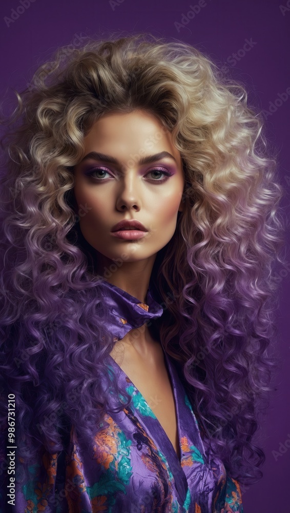 Androgynous woman with blonde to purple curls and dramatic makeup posing Androgynous woman with blonde to purple curls and dramatic makeup posing