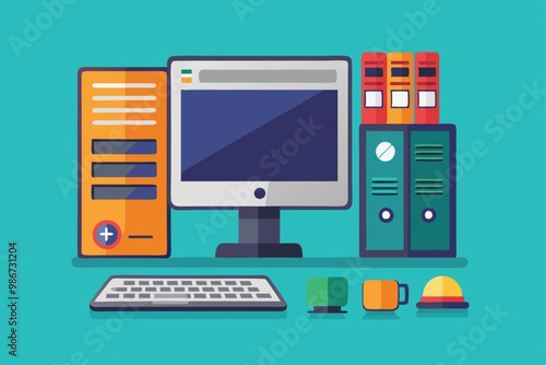 A vibrant desktop computer is arranged with colorful stationery and folders, creating an organized workspace, Customizable desktop computer illustration