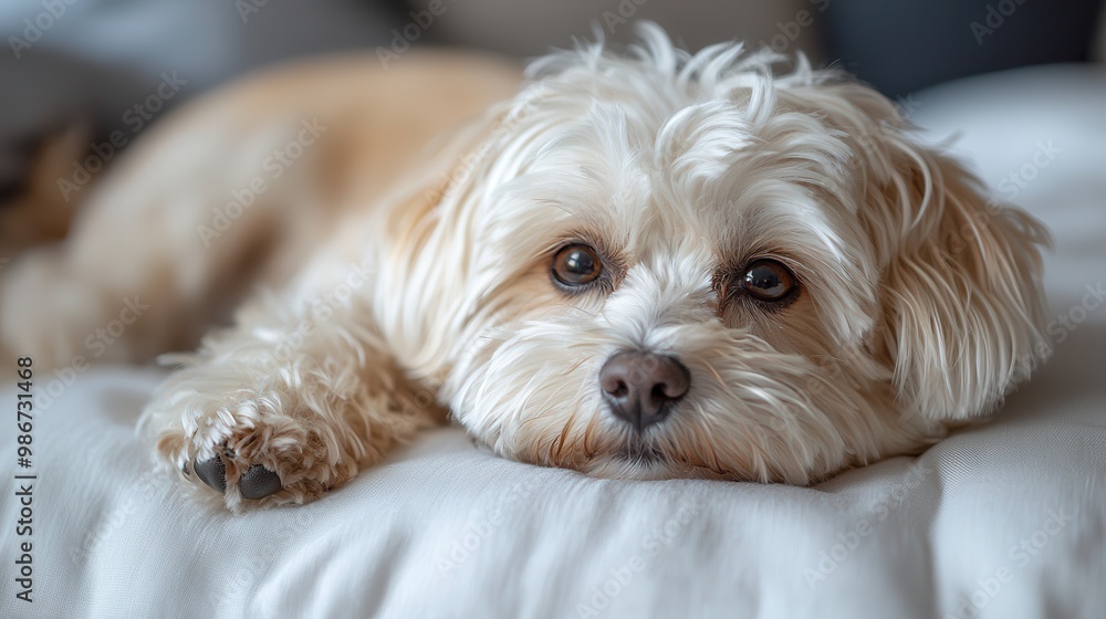 Relaxed Maltese Dog Lying on Soft Bed Relaxed Maltese Dog Lying on Soft Bed