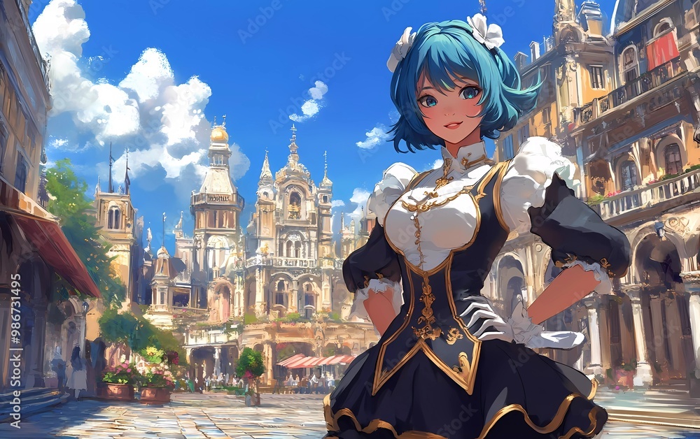 Anime-inspired portrait of a beautiful blue-haired woman in a navy dress with a white vest and gold accents, featuring puffy sleeves Anime-inspired portrait of a beautiful blue-haired woman in a navy dress with a white vest and gold accents, featuring puffy sleeves