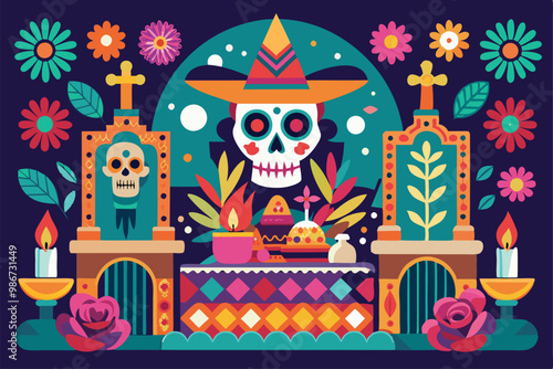 A colorful altar design features candles, flowers, and symbolic decorations for Dia de Muertos, Customizable flat illustration of a Dia de Muertos altar.