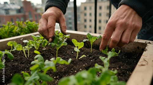 A close-up of a gardener's hands preparing soil in a small raised bed on a city rooftop, with seedlings ready to be planted photo