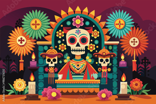 A colorful Dia de Muertos altar adorned with skulls, flowers, candles, and festive decorations celebrating life, Customizable flat illustration of a Dia de Muertos altar.