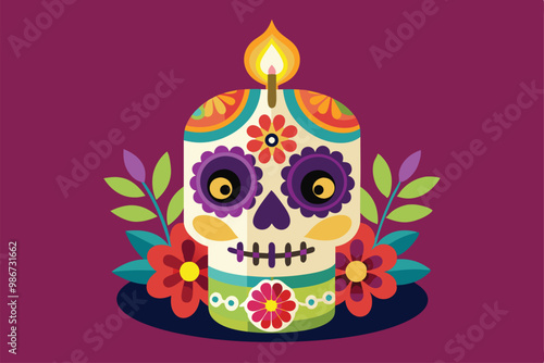 A decorative Dia de Muertos candle features intricate designs and colorful flowers, celebrating the tradition, Customizable Dia de Muertos candle illustration