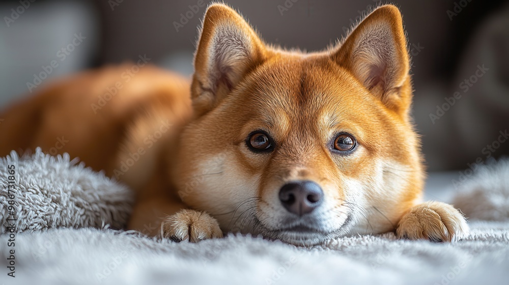 Relaxed Shiba Inu Lying on Soft Surface Relaxed Shiba Inu Lying on Soft Surface