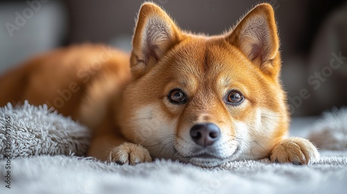 Relaxed Shiba Inu Lying on Soft Surface