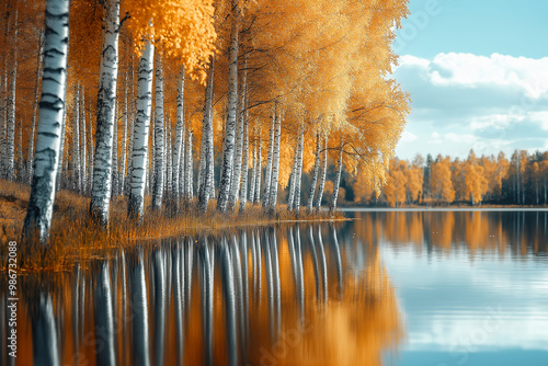 Autumn, a neat row of birch trees,the clear lake reflected the shadows of the trees photo