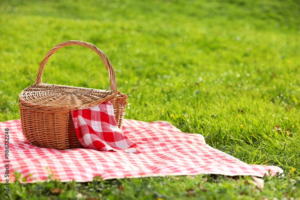 One picnic wicker basket with checkered napkin and blanket on green grass. Space for text One picnic wicker basket with checkered napkin and blanket on green grass. Space for text