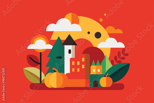 A colorful illustration showcases an autumn scene with a castle, trees, pumpkins, and a bright sun, Customizable Disproportionate Illustration for Fall