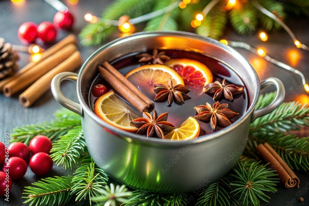 Warm mulled wine with spices and fruits in pot, surrounded by Christmas decorations and greenery Warm mulled wine with spices and fruits in pot, surrounded by Christmas decorations and greenery