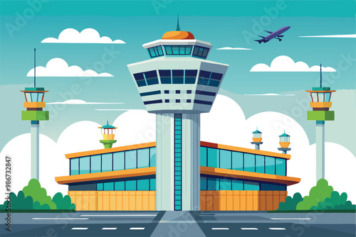 A detailed illustration showcasing an airport control tower, featuring green elements and a flying airplane, Customizable disproportionate illustration of airport tower.