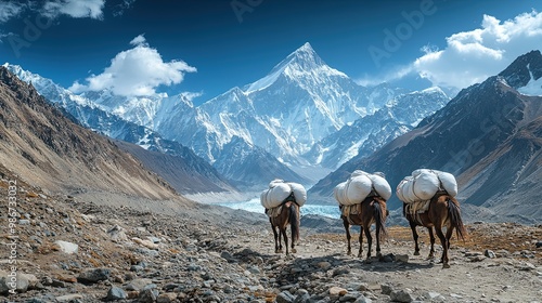 Pack horses traversing rocky trails in the Karakoram mountains