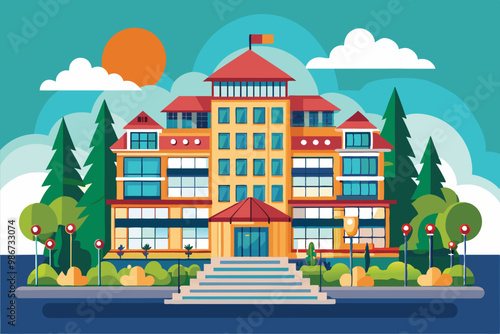 A vibrant illustration depicts a sprawling building with colorful features, framed by trees and clouds, Customizable Disproportionate Illustration Stay